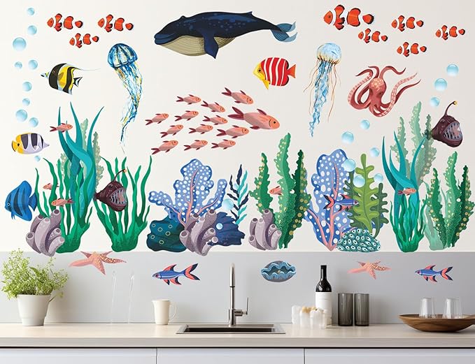 6 Sheets Under The Sea World Wall Decals Ocean Animals Wall Decals Removable DIY Watercolor Whale Jellyfish Fish Starfish Seaweed Ocean Grass Decor for Kids Living Room Bedroom Bathroom Decor