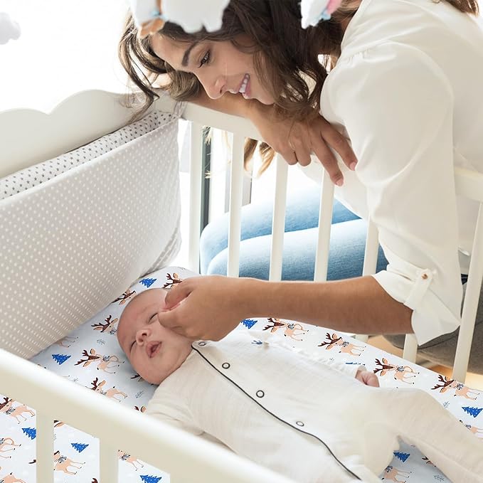 Pack n Play Sheets 2 Piece Mini Crib Sheets Stretch Play Sheets Portable Bed Sheet Soft Fitted Sheet Breathable Elastic Convertible Playard Cover Compatible with Graco Pack n Play Deer Park