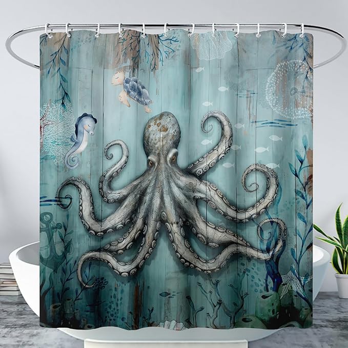 AILONEN 3D Ocean Octopus Shower Curtain Set for Bathroom,Sea Turtle Seahorse Animal Bath Curtain,Ocean Theme Waterproof Fabric Shower Curtain with Hooks,60" W*72" H