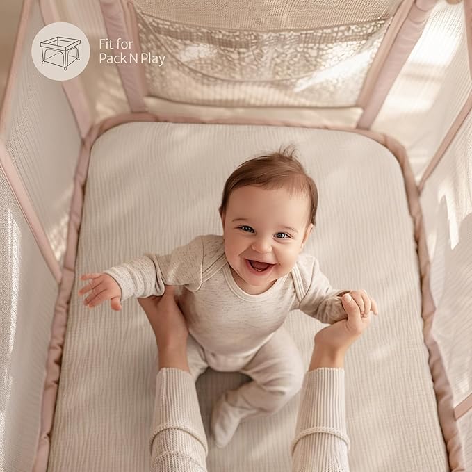 Blissful Diary Muslin Mini Crib Sheets, Pack and Play Mattress Sheets Fitted for Pack N Play, Soft Cotton for Boys Girls, 2 Pack(Dusty Pink&Cream)