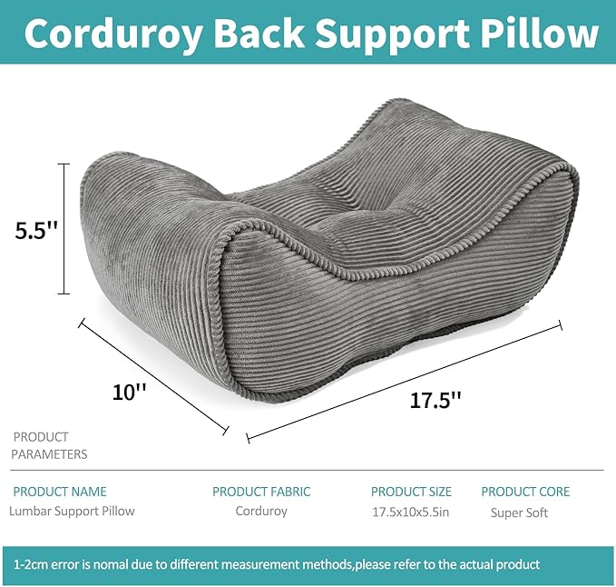 Lumbar Support Pillow for Office Chairs, Back Support Pillow for Lower Back Pain Relief, Soft & Good Support Corduroy Desk Lumbar Cushion, 17.5"x10"x5.5", Medium (Grey)