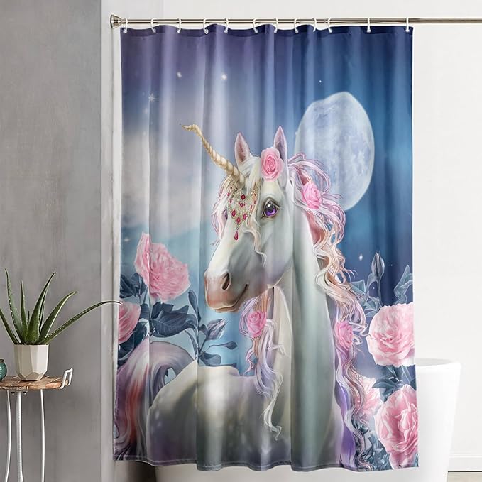 AILONEN Dreamy Unicorn Shower Curtain, Oil Painting Rose Waterproof Shower Curtain,3D Moon and Stars Girls Cloth Bath Curtain Set for Kids Teens Adults,72" W*96" H
