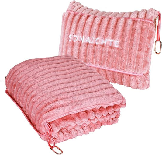 Travel Blanket Travel Blanket Airplane Compact with Bag 2 in 1 Travel Pillow and Blanket Set Travel Pillow and Blanket Car Road Trip Camping Essentials (Light Pink)
