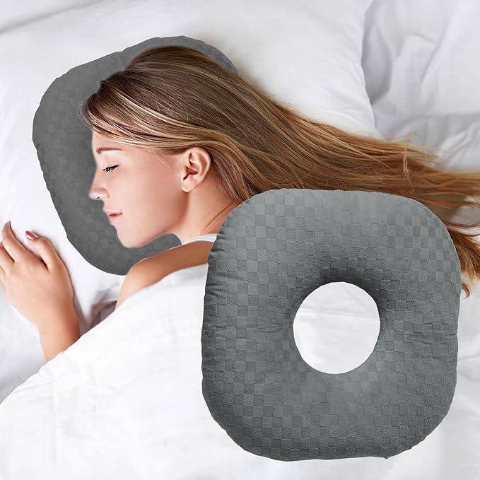 Ear Piercing Pillow for Side Sleepers, Pillow with an Ear Hole for CNH and Ear Pain Ear Inflammation Pressure Sores, O-Shaped Side Sleeping Pillow, Ear Guard Pillow (Dark Gray)