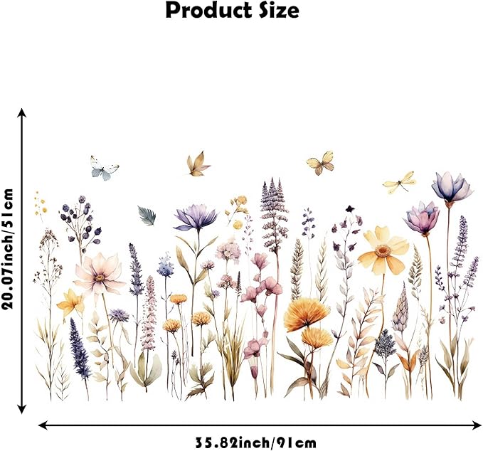 Garden Flower Wall Art Decals Pastel Flowers Wall Corner Stickers Floral Baseboard Skirting Line Corner Stickers for Girls Bedroom Living Room Kids Wall Decor