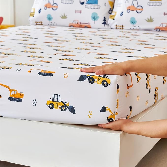 RYNGHIPY Twin Sheets Set Kids Boys: Construction Excavator Bed Sheet Set for Toddler Children - Deep Pocket Wrinkle Free Bedding Set (White Yellow,Twin)