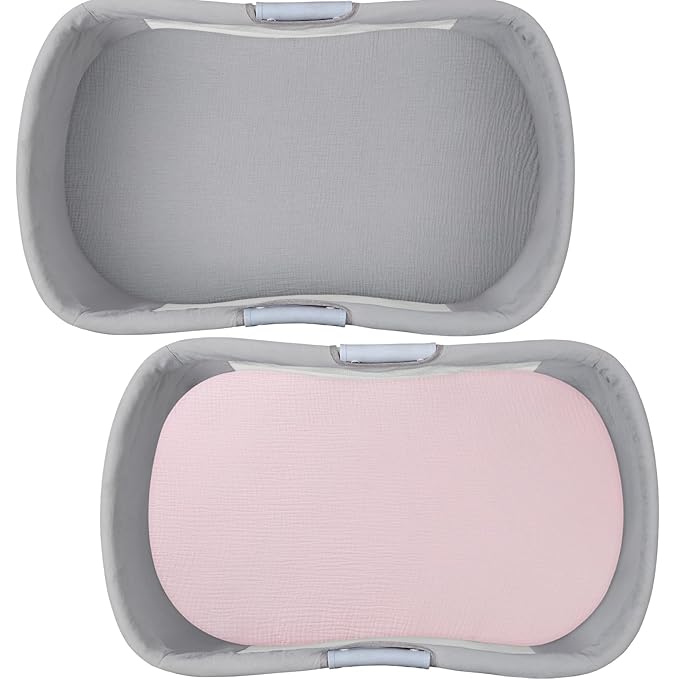 Muslin Bassinet Sheet Compatible with Halo Bassinest Swivel Flex Glide Premiere & Luxe Series Sleeper 2 Pack Cotton Stylish Boho Fitted Bassinet Sheets Super Soft for Baby Roman Grey & Pink