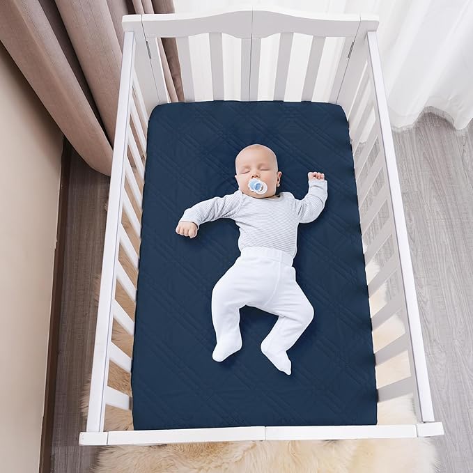 Waterproof Mini Crib Mattress Protector 2 Pack, Ultra Soft Breathable Mini Crib Mattress Pad Cover for Boys, Fit Pack N Play, Playard and Mini Crib Mattresses, Grey & Navy Blue