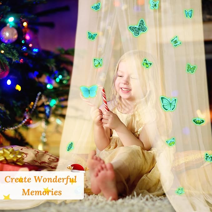 South to East Bed Canopy for Girls with Glowing Butterfly in The Dark, Beige Princess Bed Curtains for Girls Bed, Kids Bed & Toddler Bed, Twin, Full & Queen Bed, Mosquito Net Canopy for Girls Bedroom