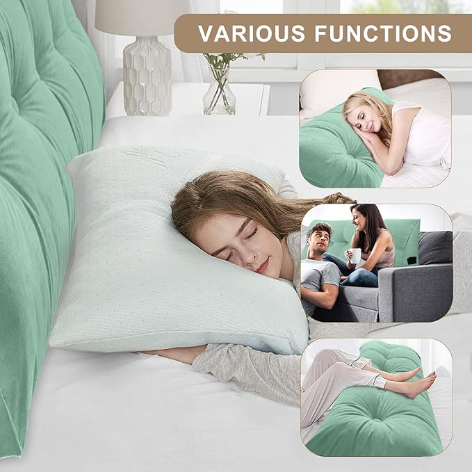 Large Triangular Headboard Pillows Long Backrest Positioning Support Bolster Cushion for Daybed Fluffy Quality Plush Body Wedge Pillow with Removable Cover(Light green-Full-54x8x20in)
