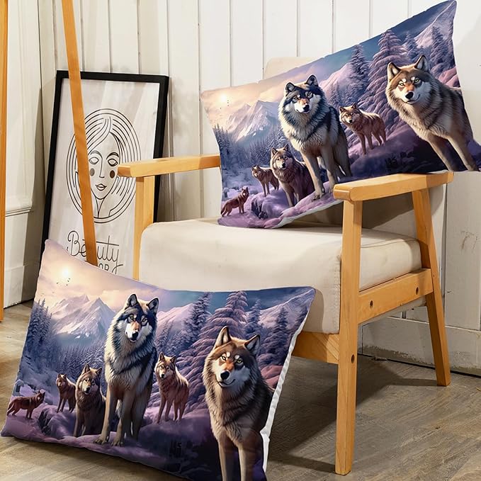 AILONEN Snow Wolf Fitted Sheet Set Twin Size, Winter Sunset Wildlife Wolf Bed Sheet Set for Boys Girls Adults,Safari Wolves Print Fitted Sheet with 2 Pillowcases,3 Pieces