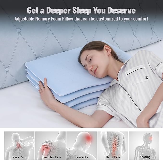 Cervical Neck Thin Pillow Flat Firm Memory Foam Adjustable Pillows from 1.3 to 5.2inch for Stomach Side Back Sleeper with 2 Pillowcases (White+Basics)
