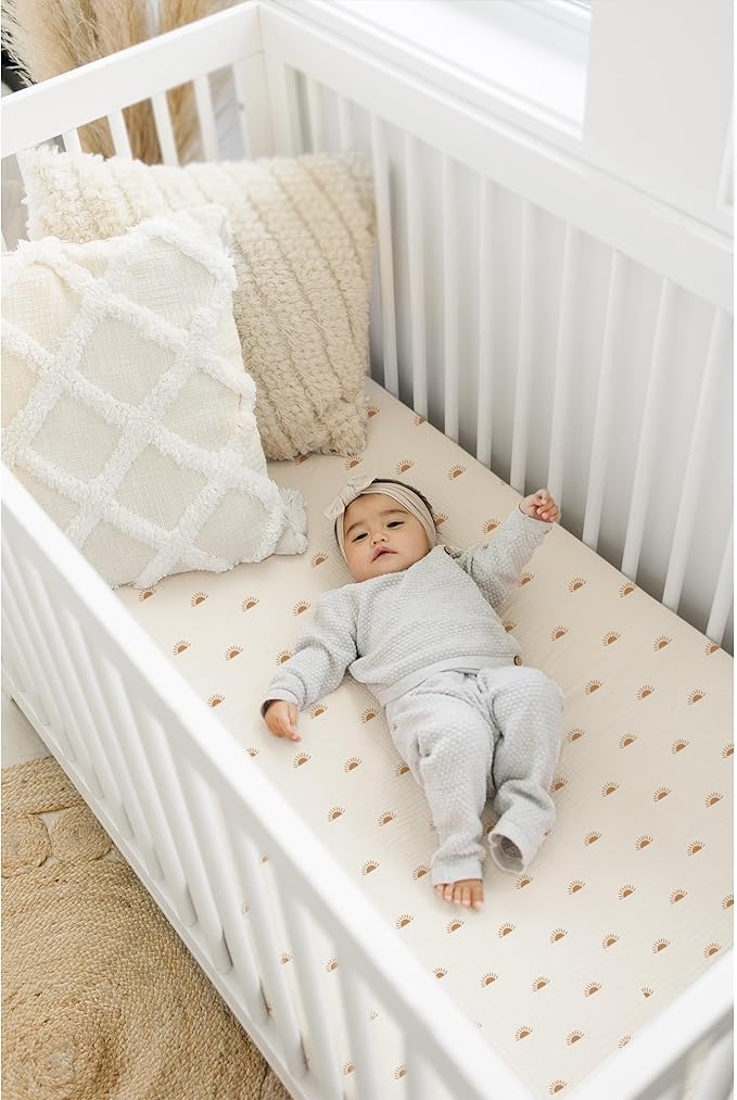 Konssy Muslin Fitted Crib Sheets 100% Cotton Baby Crib Sheets for Standard Crib Mattress (28 X 52 Inches), Soft and Breathable for Boys, Girl (Sun)