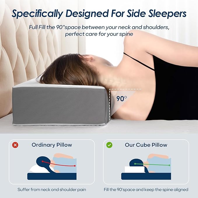 Cooling Cube Pillow for Side Sleepers, Square Memory Foam Side Sleeper Pillow Firm Soft Double-Sided Supportive, Support Head Neck Shoulder for Pain Relief Cervical Pillow, 24"x12"x6"