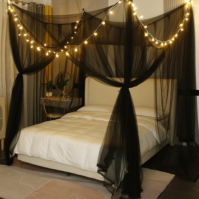 Mengersi Canopy Bed Curtains with Lights,Elegant Bed Canopy Bed Curtains Bed Netting for Single Twin Size Bed,Goth Room Decor