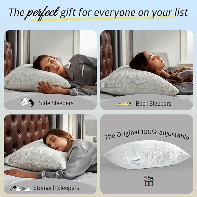 BETU Cooling Standard Pillow, Shredded Memory Foam Cool Pillow for Hot Sleepers, Adjustable Firm Soft Support Bed Pillows Perfect for Back Neck Pain and Side Sleeping with Pillow Case Cover, White