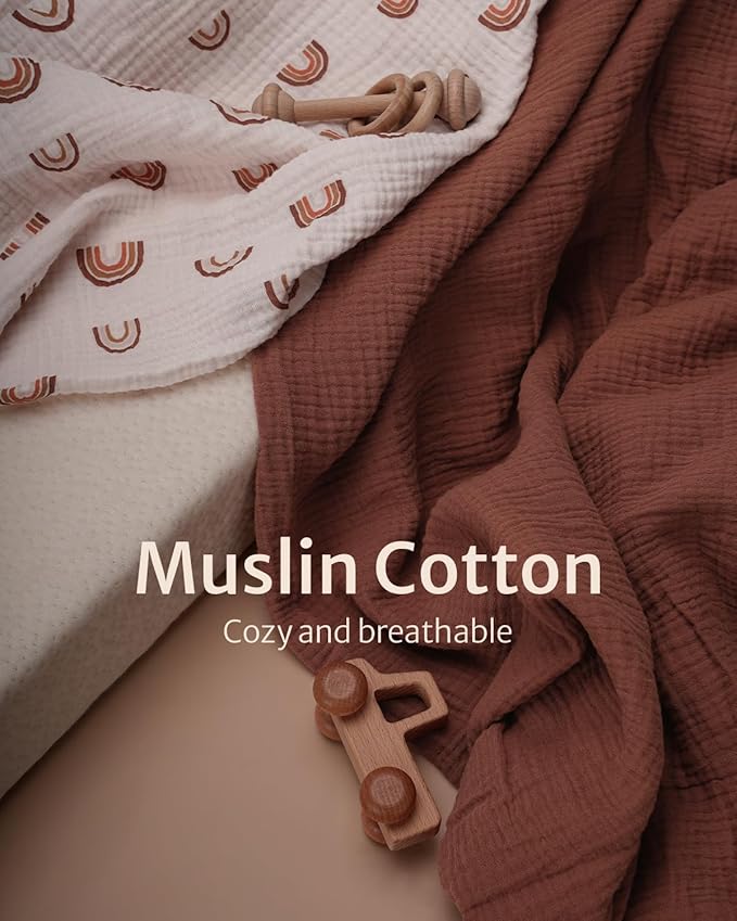 Blissful Diary Muslin Mini Crib Sheets, Pack and Play Mattress Sheets Fitted for Pack N Play, Soft Cotton for Boys Girls, 2 Pack(Rainbow&Cedar)