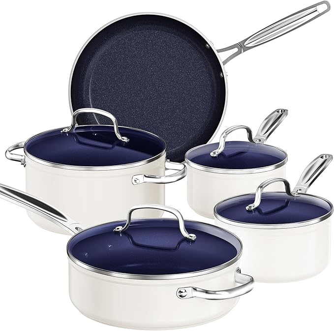 Nuwave 9pc Cookware Set Healthy Duralon Blue Ceramic Nonstick Coated, Diamond Infused Scratch-Resistant, PFAS Free, Oven Safe, Induction Ready & Evenly Heats, Tempered Glass Lids & Stay-Cool Handle