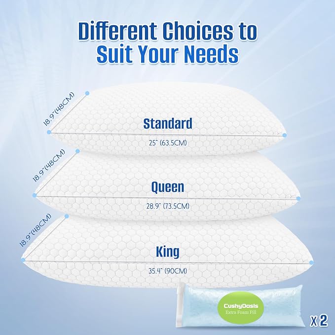 Shredded Memory Foam Pillow for Sleeping, Cooling Bed Pillows Set of 2, Adjustable Pillows for Side, Back, Stomach Sleepers with Washable Pillowcase (Queen Size, Grey)