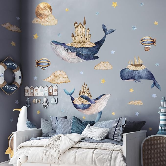 Cartoon Animals Wall Stickers for Kids Bedroom Nursery, Whale Wall Decals, Blue