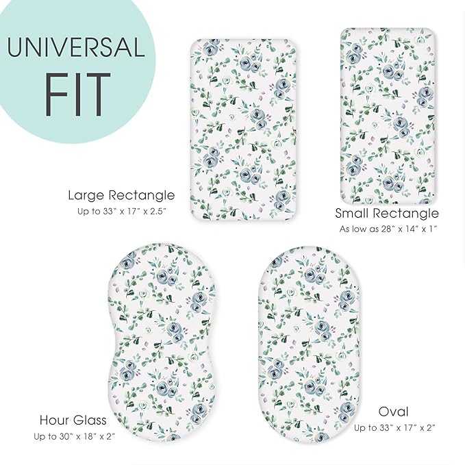 Stretchy Ultra Soft Fitted Bassinet Sheet Set 2 Pack, Universal Cradle Sheet Set for Rectangle, Oval, or Hourglass Bassinet Pad/Mattress, Blue Rose for Girls and Boys