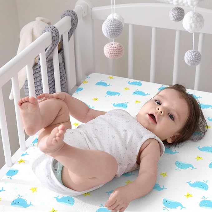 Pack n Play Fitted Sheet .2 Piece Mini Crib Sheet. Stretch Playard Sheet Portable Sheet Set. Elastic Convertible Playard Pad. Compatible with Graco Pack n Play (Baby Whale and Hedgehog)
