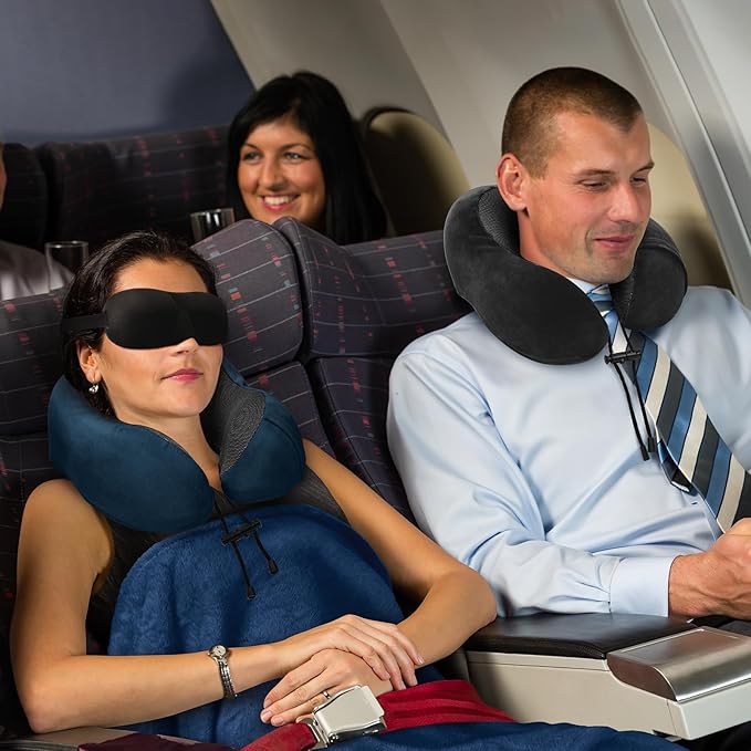 Travel Pillow and Blanket Set Neck Pillows Travel Essentials with Sleep Mask for Airplane Car Memory Foam Blue