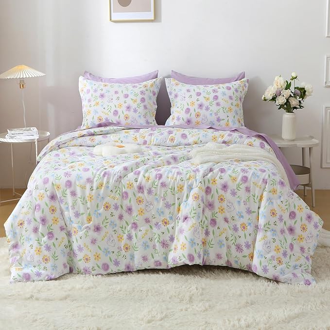 Wajade Floral Comforter Set Bed in A Bag Full Size 7 Piece Purple Flower Green Leaves Rabbits Bedding Set for Girls (1 Comforter, 1 Flat Sheet, 1 Fitted Sheet, 2 Pillowcase and 2 Pillow Sham)