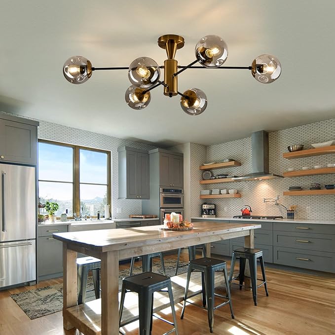 Modern Semi Flush Mount Ceiling Light Fixture 6-Light Sputnik Gold Chandelier with Glass Globe Mid Century Ceiling Lighting for Dinning Room Farmhouse Kitchen Bedroom Living Room.
