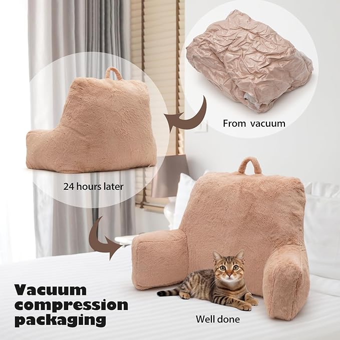 Reading Pillow Large Bed Pillow,Backrest with Arms, Back Support for Sitting Up in Bed, Couch for Lounging Bedrest,Camel