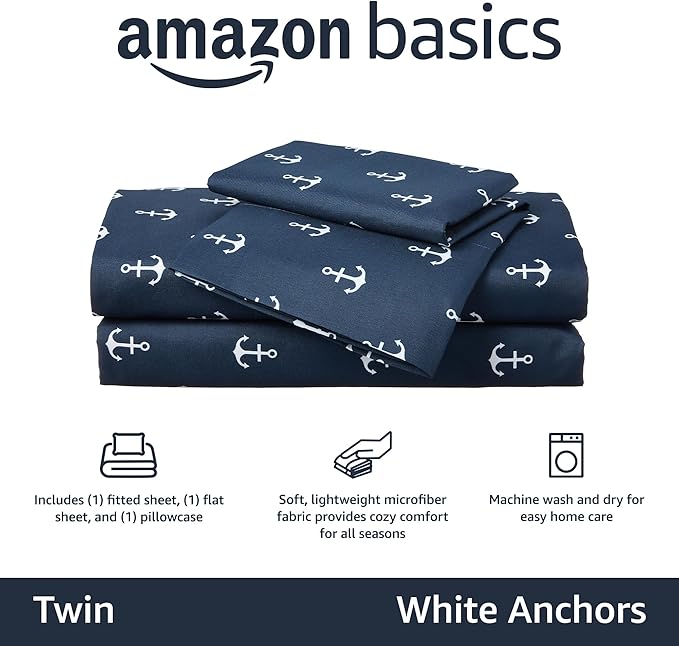 Amazon Basics Kid's Soft Easy-Wash Lightweight Microfiber 3-Piece Sheet Set, Twin, White Anchors, Printed