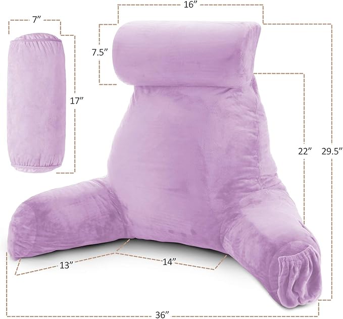 Nestl Reading Pillow Large Bed Pillow, Back Pillow for Sitting in Bed Shredded Memory Foam Chair Pillow, Reading & Bed Rest Pillows Lavender Back Pillow for Bed, Bed Chair Arm Pillow with Pockets