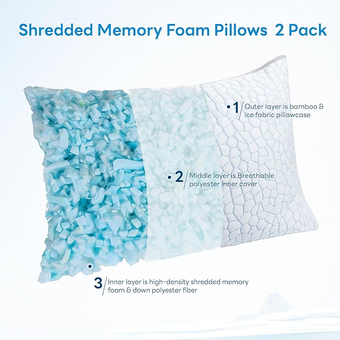 Adjustable Shredded Memory Foam Pillows, Cooling Pillows Standard Size Set of 2, Support Yet Soft Pillow Side Back Stomach Sleepers with Washable Removable Ice Silk Cover