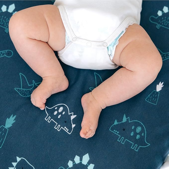 Mini Crib Fitted Sheet, 100% Cotton Knitted Jersey, Pack n Play Sheet, Breathable, Fitted Crib Sheets, Super Soft, Toddler Fitted Sheet,2 Pack,Dino/Denim Blue, 38x24x6