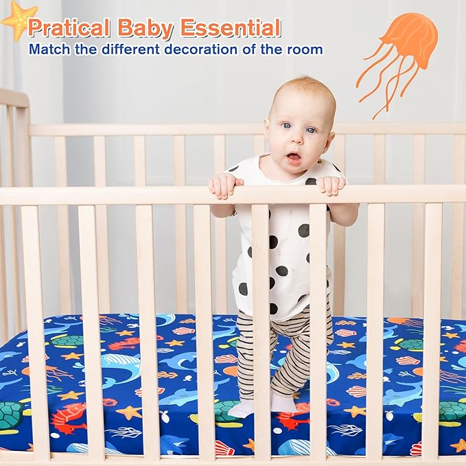 JISEN Baby Crib Sheets Soft Breathable Fitted Crib Sheets Baby Sheet for Standard Crib and Toddler Mattress Baby Bed Sheets for Crib for Baby Boys Girls Neutral 52x28 Inch Whales