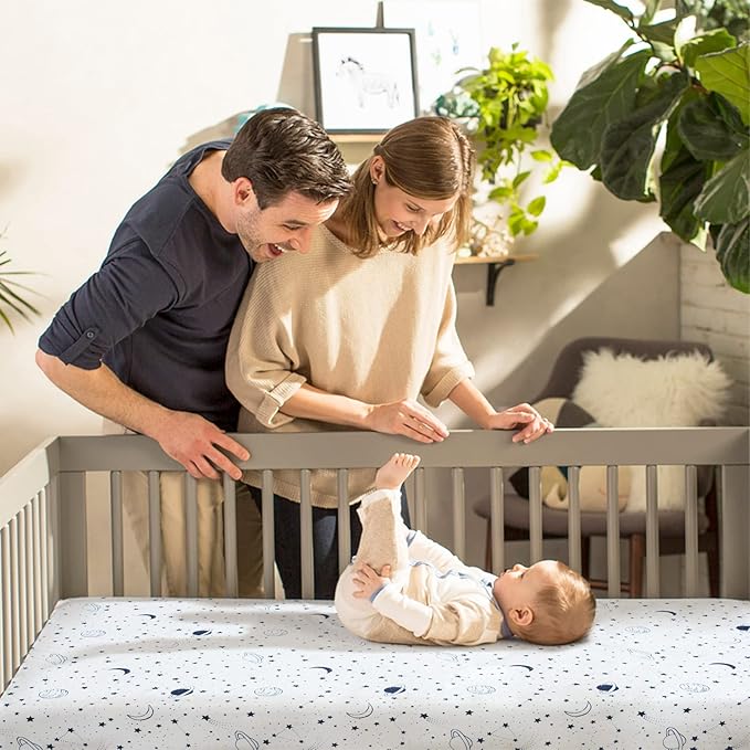 JISEN Baby Crib Sheet 1 Piece Portable Fitted Crib Sheet for Standard Crib and Toddler Mattresses Nursery Bed Decor for Boys Girls 28x52 Inch Stars Planets