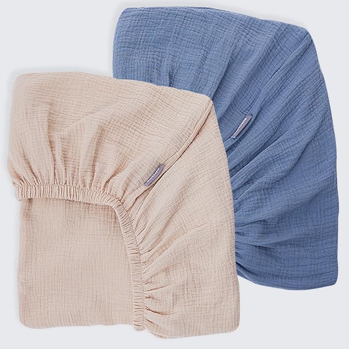 Muslin Crib Sheets for Boys Girls Rutiwa Organic Cotton Crib Sheets Neutral 2 Pack Breathable Baby Mattress Sheets Fit Standard Crib & Toddler Bed Mattress 28"x52"(Denim Blue/New Camel)