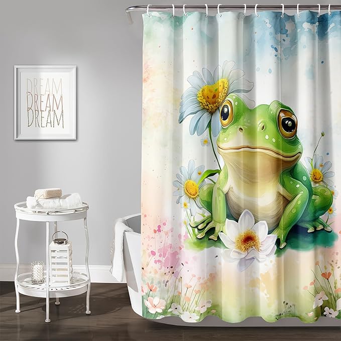 AILONEN Cartoon Frog Shower Curtain Set for Bathroom,Green Frog Bath Curtain,Amphibian Animal Shower Curtain,Tie Dye Flowers Waterproof Fabric Shower Curtain with Hooks,72" W*78" H