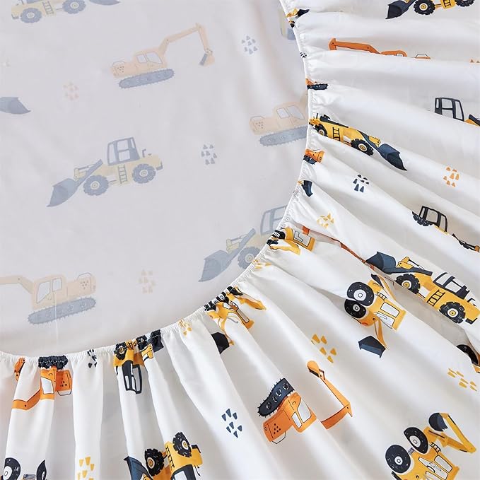 RYNGHIPY Twin Sheets Set Kids Boys: Construction Excavator Bed Sheet Set for Toddler Children - Deep Pocket Wrinkle Free Bedding Set (White Yellow,Twin)