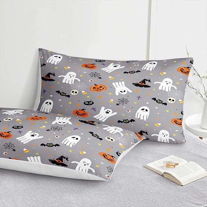Bedbay Cartoon Pumpkin and Ghost Queen Comforter Set Halloween Cute Bedding Sets for Kids Boys Teen 4 Pcs Soft Lightweight Comforter Set with 1 Cushion Cover(Grey,Queen)
