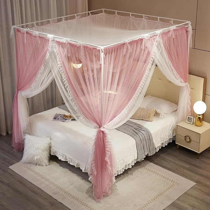 4 Corners Post Princess Curtain Bed Canopy Lace Up Double Layer 4 Opening Mosquito Net Mesh for Girls Bedroom Decoration(Pink/White, 53" W*78" L*82" H/Full)