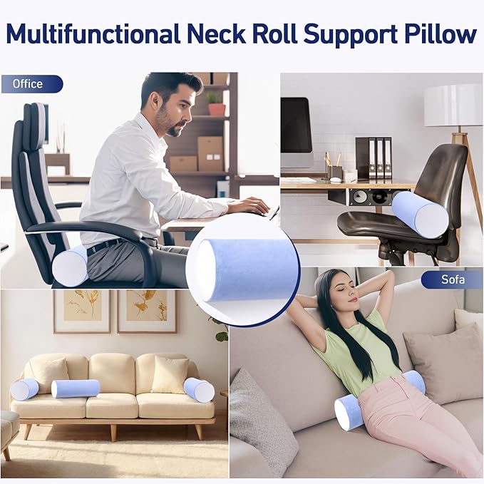 Neck Roll Pillow for Sleeping - 16 x 6.3 Inch Memory Foam Cervical Neck Pillow with Removable Cover - Multifunctional Bolster Pillow for Bed, Couch, Office, Yoga, and Travel (Blue White)