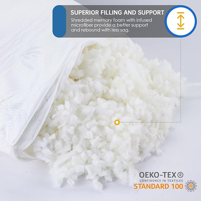 Cooling Bed Pillows for Sleeping 2 Pack, Shredded Memory Foam Pillows Queen Size Set of 2 - Adjustable Pillows for Side Back Sleepers with Cooling Washable Cover, Medium Firm Support Pillows