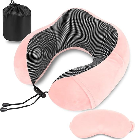 Pure Memory Foam Travel Pillow Set for Adults - Comfortable & Breathable Removable Cover, Airplane Travel Kit with Eye Mask & Portable Storage Bags for Plane Accessories - Pink