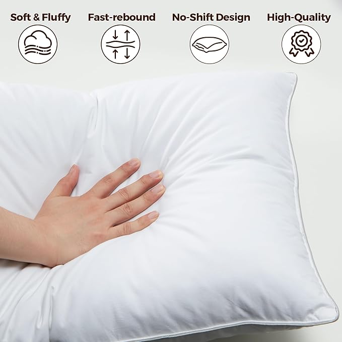 WOLKI Goose Feather Down Alternative Pillows Queen Size Set of 2, 100% Soft Cotton Shell Bed Pillow, Hotel Sleeping Pillow for Back, Stomach or Side Sleepers 20x30