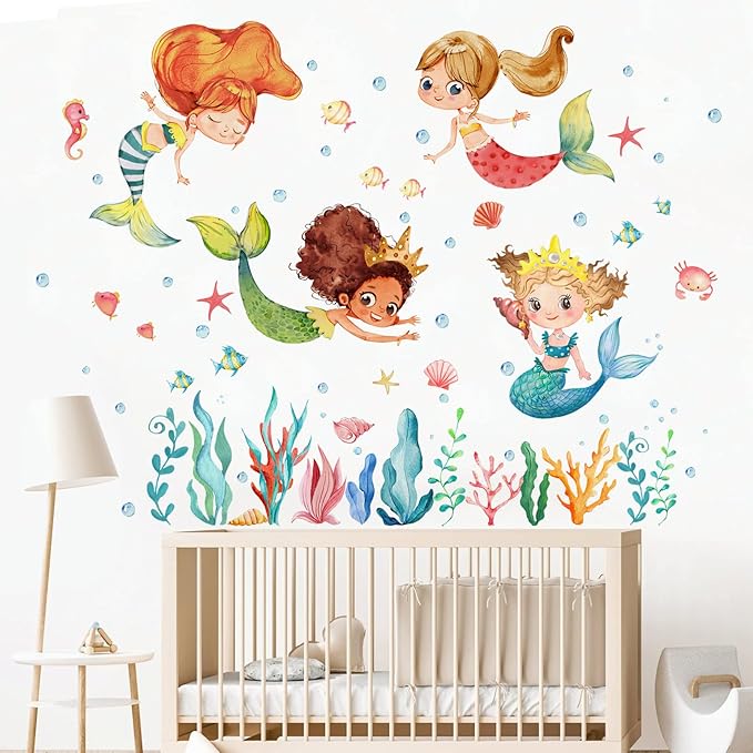 Mfault Multicultural Mermaid Under The Sea Wall Decal Stickers, Ocean Creature Marine Life Seaweed Nursery Decoration Baby Girl Bedroom Playroom Art, Coastal Beach Toddler Kid Room Bathroom Decor