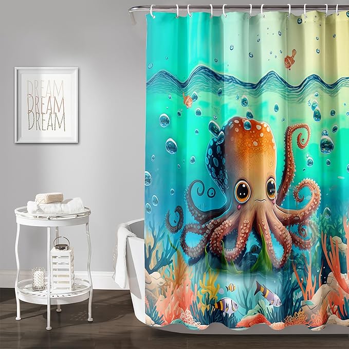 AILONEN Cute Cartoon Octopus Shower Curtain,Beautiful Sea World Theme theme Bath Curtain Cloth Fabric Bathroom 36" W*72" H Inch,12 Pack Hooks for Kids Child Sea Animal Bathroom Curtain