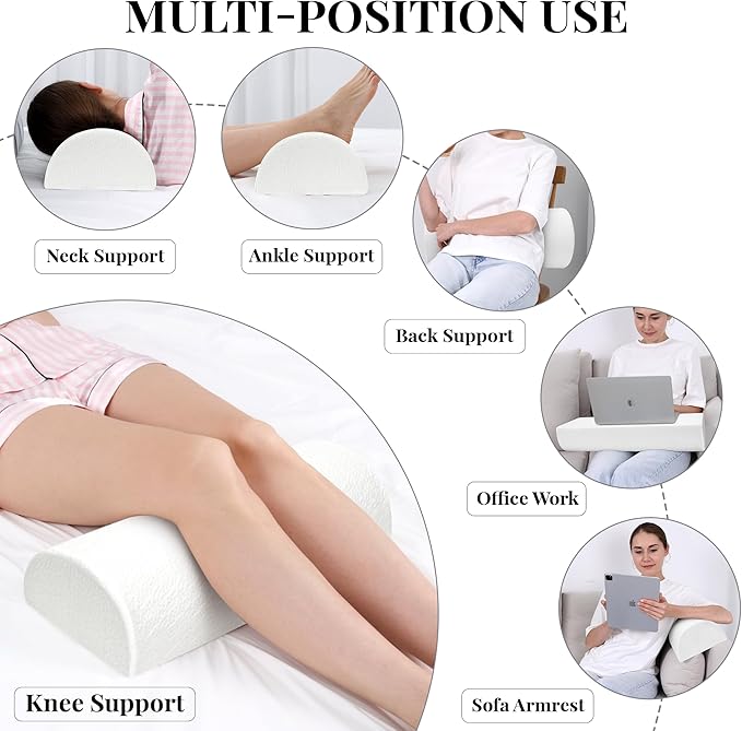 Large Knee Pillow for Side Sleepers Memory Foam Leg Pillows for Sleeping Yoga Bed Half Moon Bolster Pillow for Neck Pain Relief with 2 Pillowcases 23.6"x8.7"x5"(White+Grey, Extended Size)