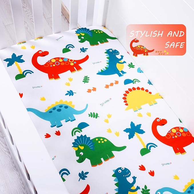 JISEN Baby Crib Sheets 2 Piece Portable Fitted Crib Sheet for Standard Crib and Toddler Mattresses Nursery Bed Decor for Boys Girls 28x52 Inch White/Black Dinosaurs
