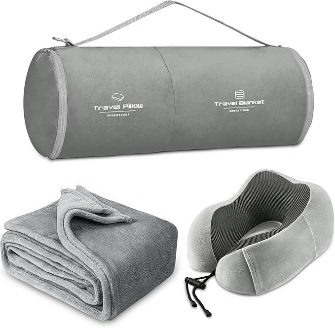 Travel Pillow and Blanket Set Neck Pillow Airplane Memory Foam for Traveling Compact with Bag Grey